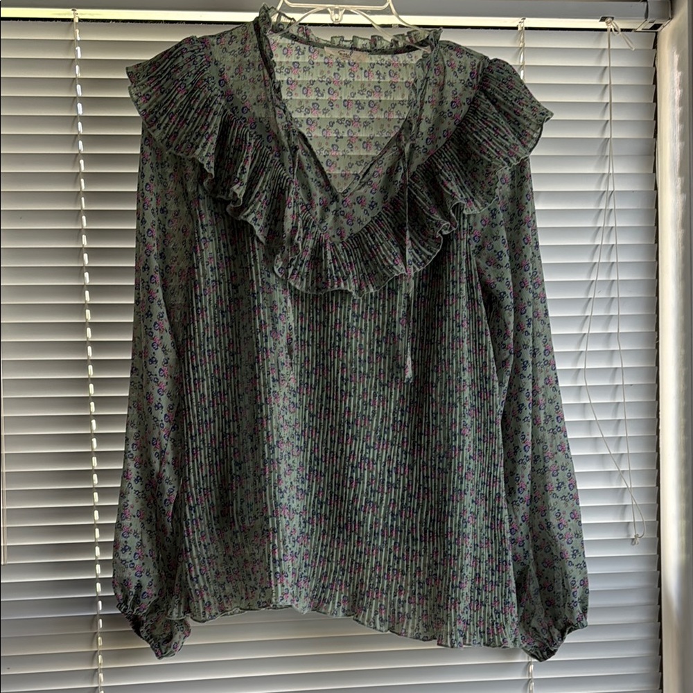 Floral Ruffle Blouse - Sage Green